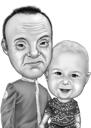 Tēvs un meita karikatūra melnbaltā stilā no fotoattēliem