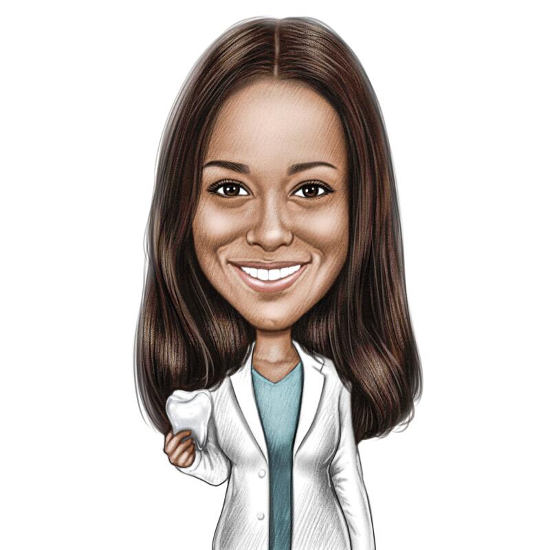 Female Dentist Holding Tooth Cartoon Drawing
