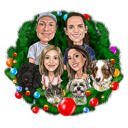 Carte de vœux de Noël avec caricature familiale dans une couronne festive
