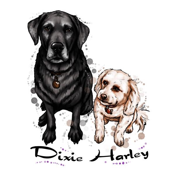Big and Small Dog Caricature Portrait in Natural Watercolor Style from Photos