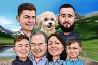 Custom Family with Dog Caricature on One Colored Background from Photo