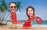 Caricatura de casal em praia tropical