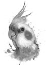 Fuglekarikaturportræt i gråtoner akvarelstil fra foto