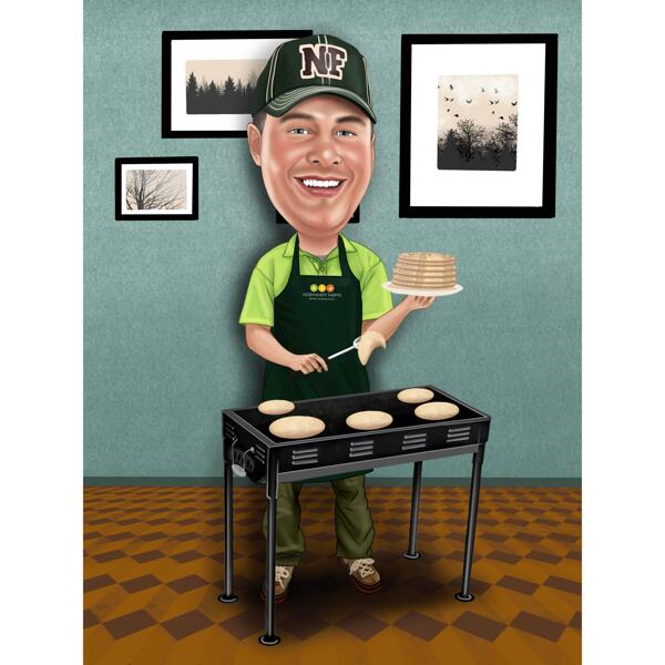Toiduarmastaja karikatuur: inimene küpsetab pannkooke