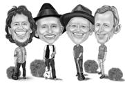 Portrait de dessin animé de groupe de performance musicale dans un style noir et blanc