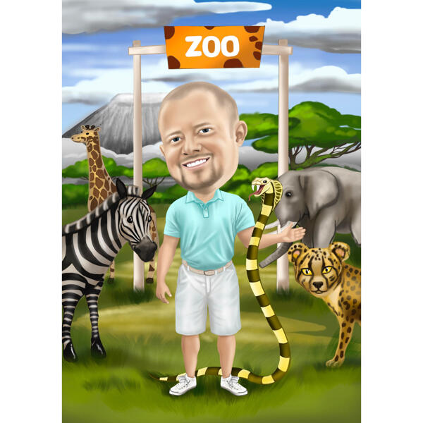 Persona zoodārzā — krāsains pilna ķermeņa karikatūras portrets no fotoattēliem