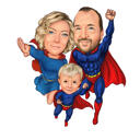 Caricature de famille de super-héros au crayon