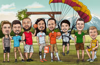 Caricatura de padrinos de boda con aficiones personales