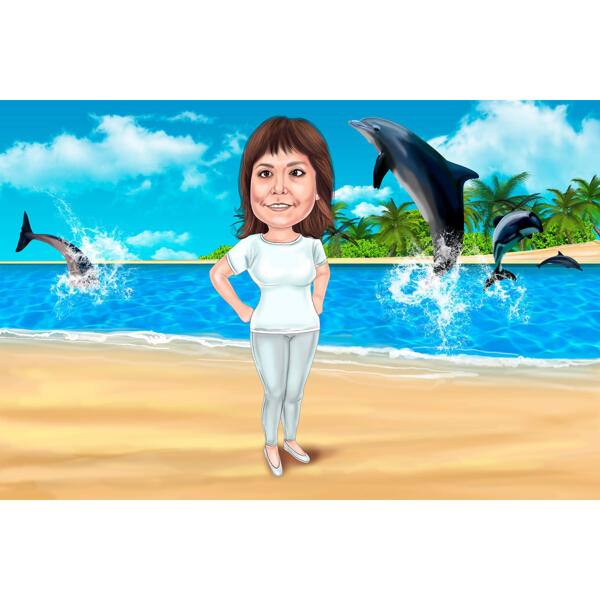 Full Body Caricature with Dolphins Background in Colored Style