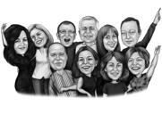 Caricatura di gruppo di colleghi in stile bianco e nero da foto