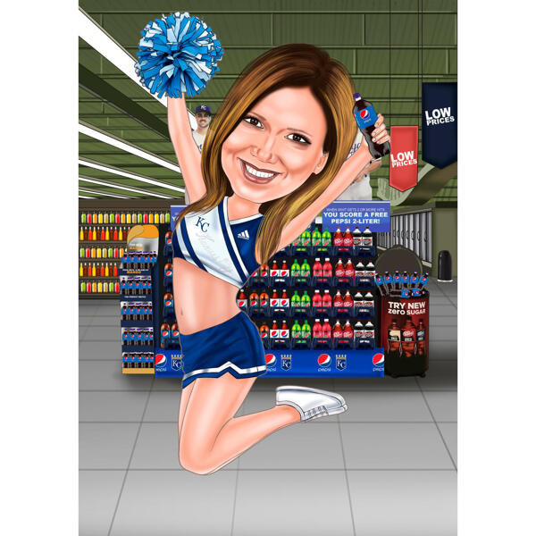 Baseball Cheerleader -karikatyyri värillisessä tyylissä mukautetulla taustalla