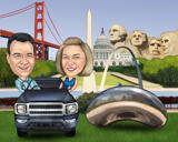 Paar in auto Cartoon karikatuur in kleur digitale stijl met aangepaste achtergrond van foto's