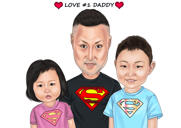 Cadou caricatură de desene animate pentru tată și 2 copii în stil color din fotografii
