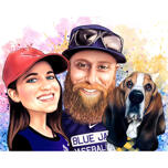 Portrait à l'aquarelle d'un couple avec des animaux de compagnie