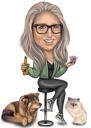 Karikaturtegning af ejer med hund og kat i helkropsfarvet stil til kæledyrselskere