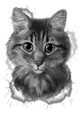 Милый карикатурный портрет кота из фотографий в стиле черно-белой акварели