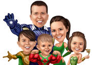 Neuvěřitelná rodinná karikatura superhrdiny v barevném stylu z fotografií