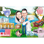 Dibujos animados de boda con lugares memorables