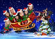 Weihnachtsmanns Schlittenfamilie mit Hunden Weihnachtskarikatur
