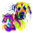 Retrato caricaturesco de dos mascotas mixtas en estilo acuarela de la foto