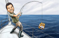 Fisherman Caricature fra fotos med farvet baggrund