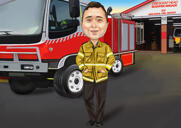 Fireman Caricature with Fire in Background