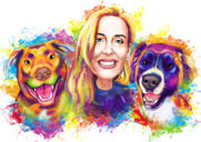 Owner with Dogs Caricature Portrait in Rainbow Watercolor Style from Photos