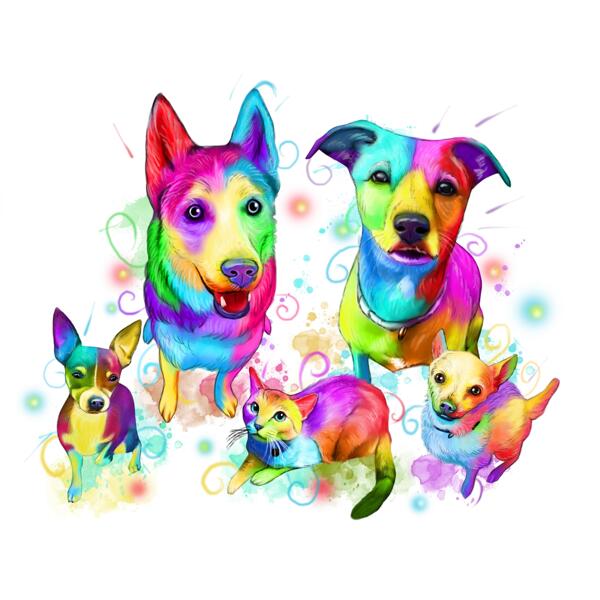 Ganzkörper-Karikatur für gemischte Haustiere im Regenbogen-Aquarell-Stil