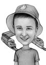 Caricature d'un enfant avec son jouet préféré : style noir et blanc