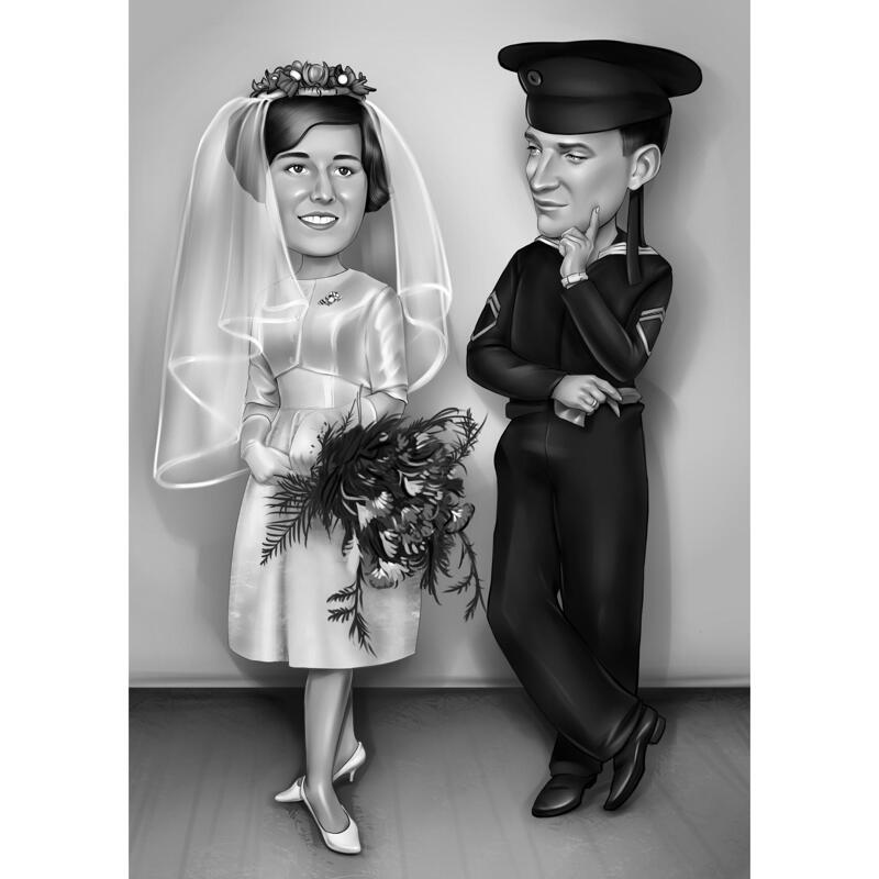 Dibujo personalizado de dibujos animados de boda de pareja de cuerpo  completo en estilo blanco y negro de fotos