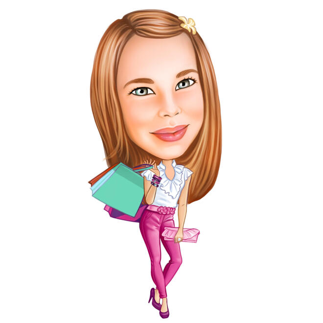 Lady Shopaholic Caricature in Color Style for Custom Fashion Girl Gift