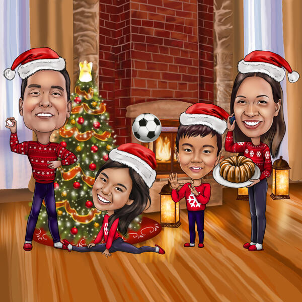 Funny Christmas Drawing of Family of 4 Persons