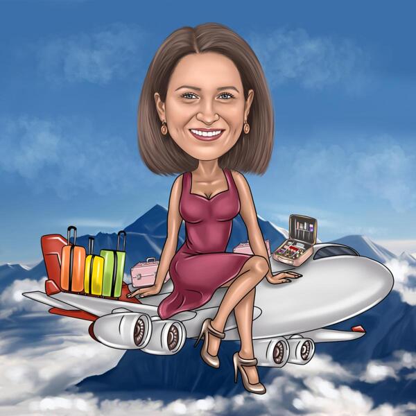 Vliegtuigkarikatuur: persoon op vliegtuig digitale stijl