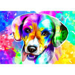 Beagle -koiran muotokuva karikatyyri akvarellityyliin kirkkaalla taustalla