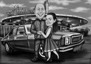 Couple avec caricature de véhicule à partir de photos avec arrière-plan