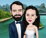 Caricatura de pareja en estilo de color de la foto en el fondo del paisaje