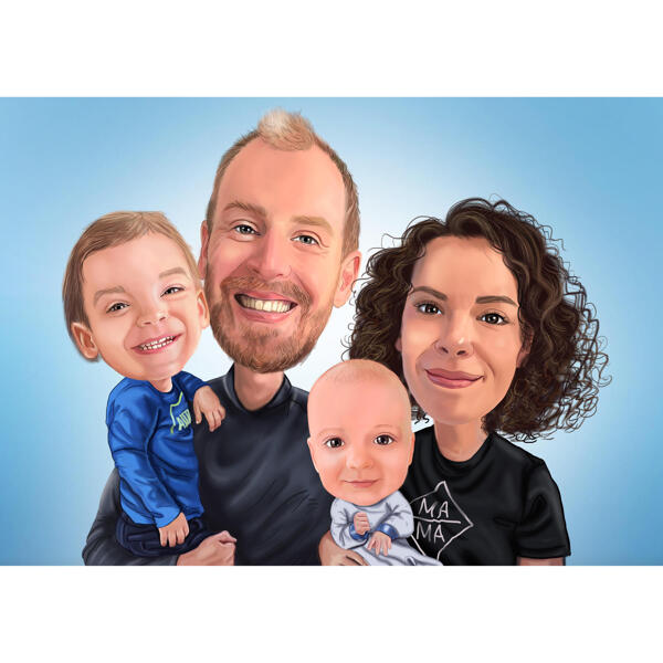 Karikaturporträt der Familie mit Kindern auf blauem Hintergrund