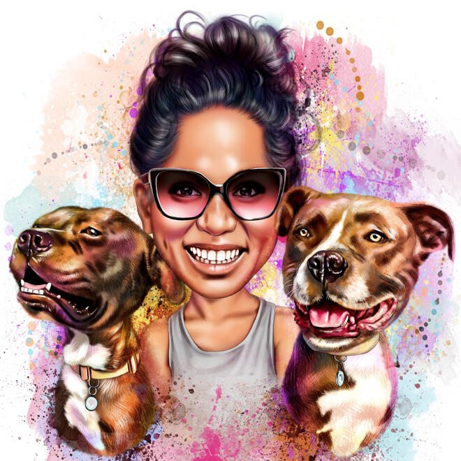 Owner with Two Pets Portrait in Natural Watercolors
