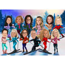 Full Body Winter Time Group Caricature in Color Style from Photos for Custom Cards Gift