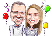 كاريكاتير زوجين من الصور مع خلفية ملونة لهدية عيد ميلاد الجد