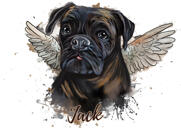 Pictură portret în stil natural în acuarelă în onoarea animalului de companie cu halou și aripi de înger