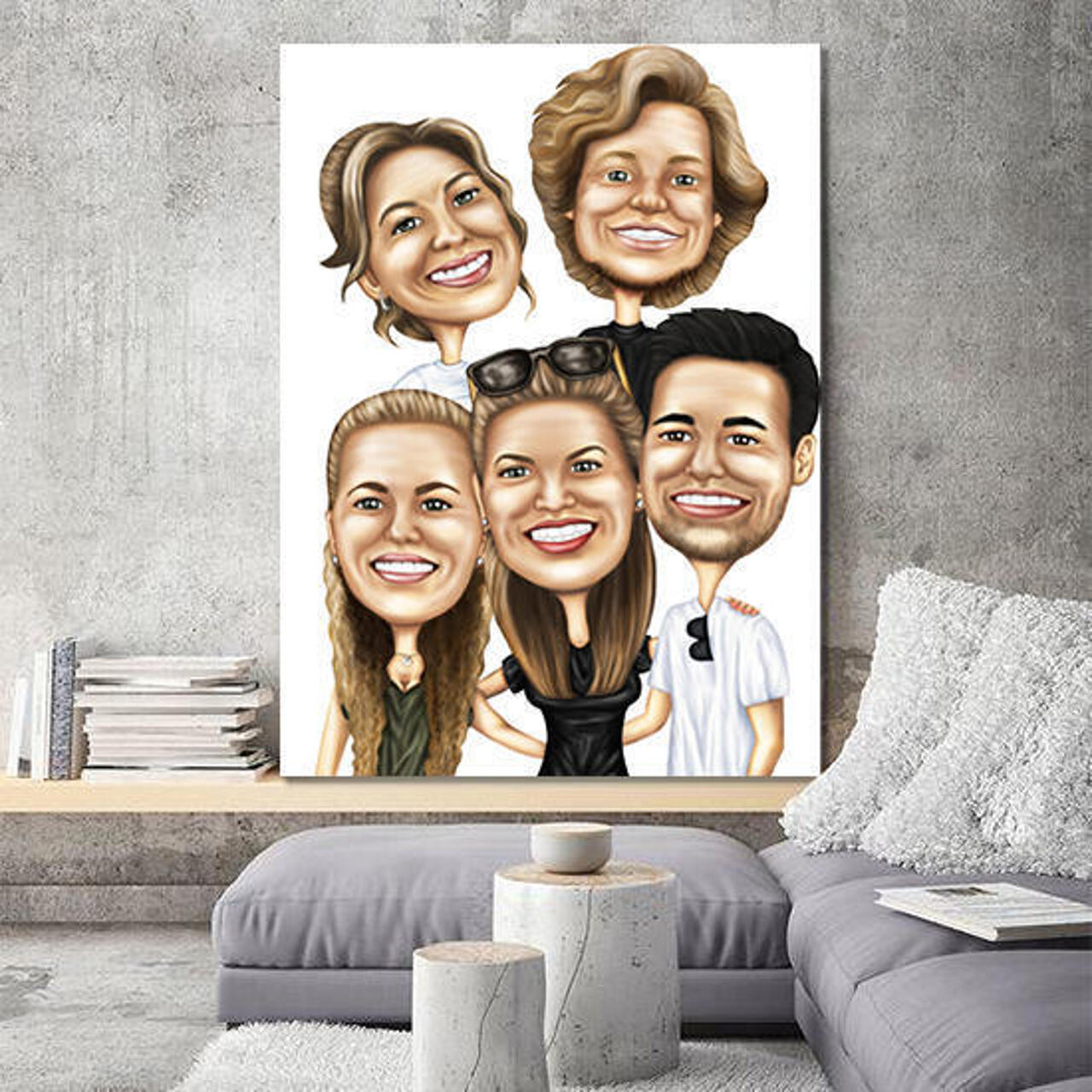 Canvas Print: Group Digital Caricature Portrait from Photos on White B
