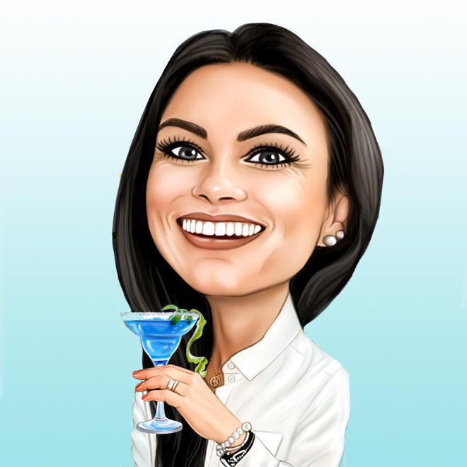 Lady som håller cocktailglaskarikatyr med en färgbakgrund från foton