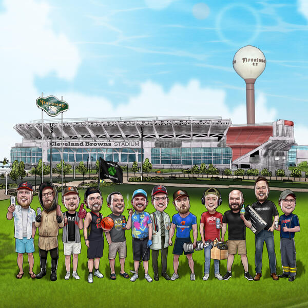 Caricatura de padrinos de boda con aficiones personales