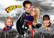 Caricature de super-héros familial avec fond coloré