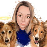 Retrato Memorial do Proprietário com Animais de Estimação em Estilo Aquarela
