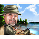 Zvejnieka karikatūra ar ezera fonu makšķerēšanas mīļotājiem