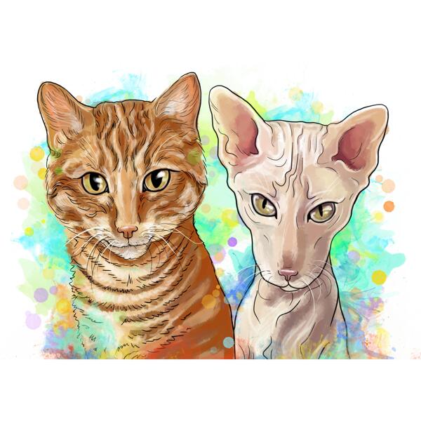 Smíšené kočky chovají karikaturní portrét ve stylu akvarelu z fotografií
