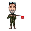 Pilna auguma mednieka karikatūra uz balta fona
