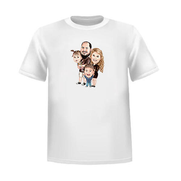 Perhe-karikatyyripiirustus värityyliä valokuvista T-paidan painatuksena